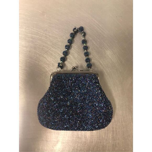 Vintage Sasha Women’s Blue and Purple Heavily Beaded Kiss Lock Evening Formal Ha - Picture 1 of 7